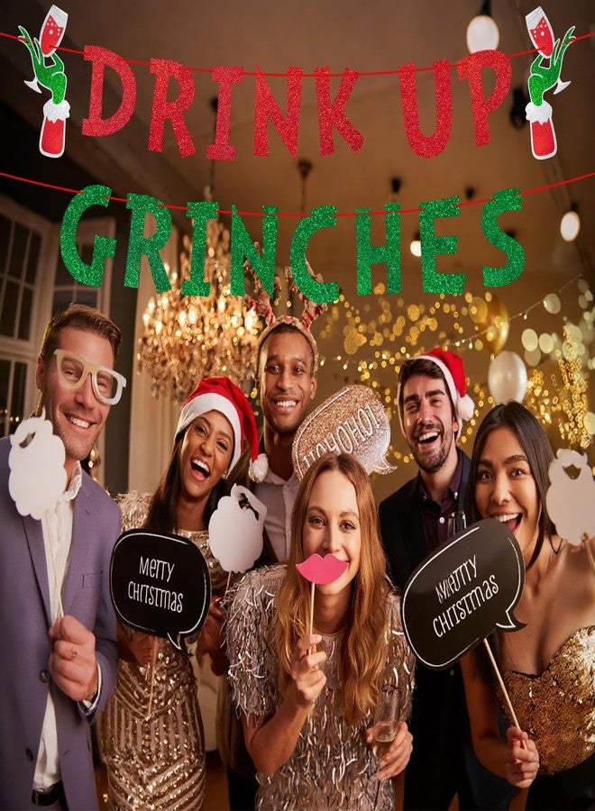 Lukinuo Drink Up Christmas Decorations Red Green Glittery Xmas Banner Green Monster Christmas Banners for Xmas Party Backdrop Decoration - Image 4